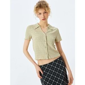 Düğmeli Gömlek Yaka Dokulu Kısa Kollu Bluz 5SAL60003IK - KOTON - YEŞİL - XS