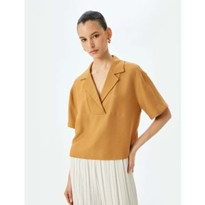 Polo Yaka Bluz 5SAK60108UW - KOTON - KAHVERENGİ - 44