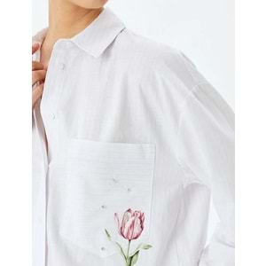 Taşlı Oversize Gömlek 5SAK60198UW - KOTON - PEMBE - 34