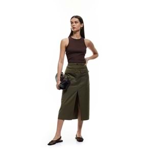 Gabardin Kumaş Yırtmaçlı Midi Kalem Etek 5SAK70146PW - KOTON - HAKİ - 34