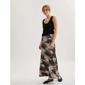 Standart Bel Leopar Desenli Uzun Kloş Saten Etek 5SAK70104UW - KOTON - SİYAH - 36