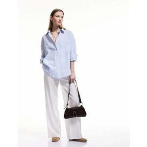 Çizgili Oversize Gömlek 5SAK60056UW - KOTON - LACİVERT - 40