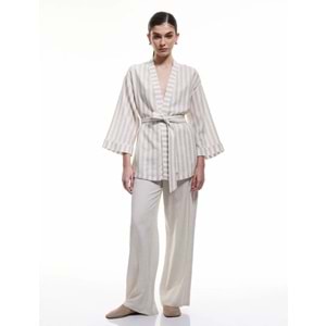 Beli Kuşak Detaylı Kruvaze Viskon Keten Kimono Ceket - KOTON - BEJ ÇİZGİLİ - 42