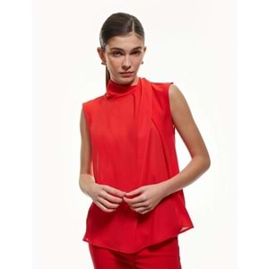 Dik Yaka Kolsuz Krep Bluz 5SAK60275UW - KOTON - KIRMIZI - 42