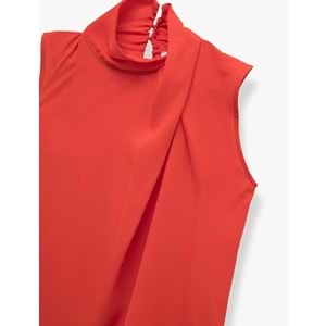 Dik Yaka Kolsuz Krep Bluz 5SAK60275UW - KOTON - KIRMIZI - 42