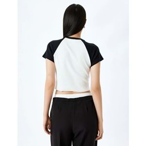Baskılı Kısa Kollu Bisiklet Yaka Slim Fit Crop Tişört 5SAL10098IK - KOTON - EKRU - M