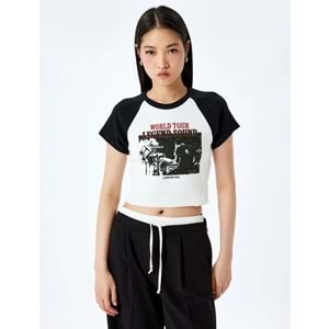 Baskılı Kısa Kollu Bisiklet Yaka Slim Fit Crop Tişört 5SAL10098IK - KOTON - EKRU - M