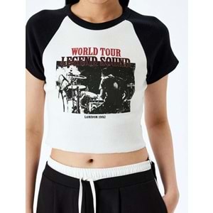 Baskılı Kısa Kollu Bisiklet Yaka Slim Fit Crop Tişört 5SAL10098IK - KOTON - EKRU - M