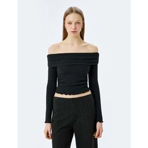 Omuzu Açık Slim Fit Uzun Kollu Tişört 5SAL10588IK - KOTON - ANTRASİT - M