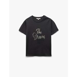 Pamuklu Kısa Kollu Bisiklet Yaka Baskılı Kadın Tişört 5SAK50121EK