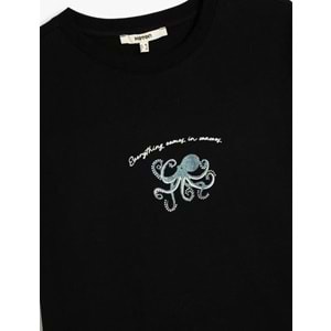 Bisiklet Yaka Kısa Kollu Pamuklu Baskılı Tişört 5SAK50179EK - KOTON - SİYAH - S