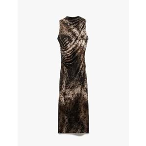 Drape Detaylı Yırtmaçlı Kolsuz Uzun Viskon Leopar Elbise 5SAK80299EK - KOTON - KAHVERENGİ - S