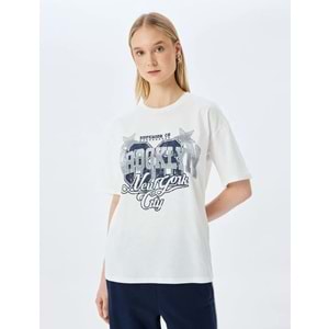 Kolej Baskılı Bisiklet Yaka Kısa Kollu Rahat Kalıp Tişört 5SAL10038IK - KOTON - EKRU - S