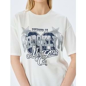 Kolej Baskılı Bisiklet Yaka Kısa Kollu Rahat Kalıp Tişört 5SAL10038IK - KOTON - EKRU - S