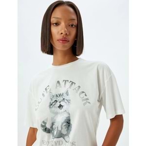 Oversize Tişört Kedi Baskılı Bisiklet Yaka Kısa Kollu Pamuklu 5SAL10132IK