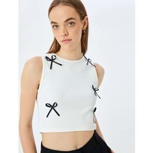 Fiyonklu Bisiklet Yaka Kolsuz Crop Üst 5SAL30063IK - KOTON - EKRU - XS