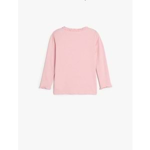 Kız Bebek Basic Tişört Uzun Kollu Fırfır Detaylı Bisiklet Yaka Pamuklu 5SMG10045AK - KOTON - PEMBE - 9-12 AY