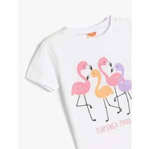 Kız Bebek Flamingo Baskılı Bisiklet Yaka Pamuklu Kısa Kollu Tişört 5SMG10020AK - KOTON - BEYAZ - 9-12 AY