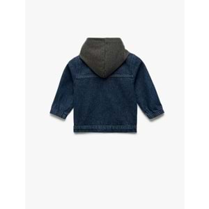 Erkek Bebek Pamuklu Çıkarılabilir Kapşonlu Cepli Uzun Kollu Denim Ceket - KOTON - İNDİGO - 24-36 AY