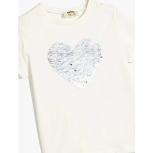 Kız Çocuk Tişört Pullu Payetli Kalpli Bisiklet Yaka Pamuklu 5SKG10076AK - KOTON - EKRU - 4-5 YAŞ