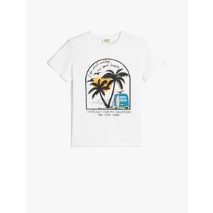 Erkek Çocuk Pamuklu Palmiye Baskılı Bisiklet Yaka Kısa Kollu Tişört 5SKB10088TK - KOTON - BEYAZ - 7-8 YAŞ