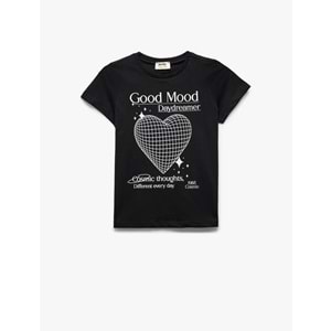 Kız Çocuk Pamuklu Kısa Kollu Bisiklet Yaka Kalp Baskılı Tişört -KOTON- SİYAH - 4-5 YAŞ