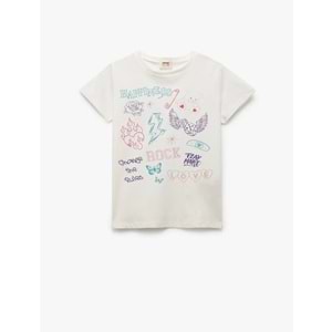 Kız Çocuk Pamuklu Baskı Detaylı Bisiklet Yaka Kısa Kollu Tişört - KOTON - EKRU - 4-5 YAŞ