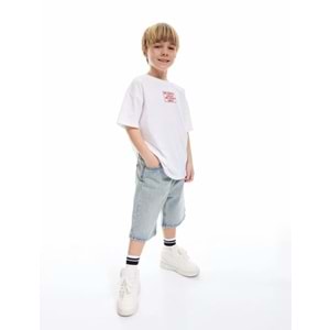 Erkek Çocuk Bisiklet Yaka Kısa Kollu Pamuklu Baskılı Tişört 5SKB10485TK - KOTON - BEYAZ - 7-8 YAŞ
