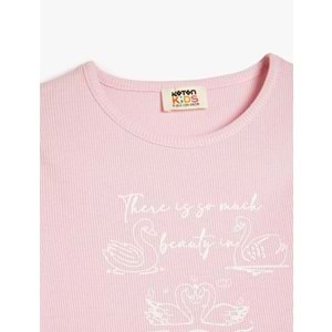 Kız Çocuk Pamuklu Bisiklet Yaka Kısa Kollu Slogan Baskılı Tişört - KOTON - PEMBE - 9-10 YAŞ