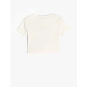 Kız Çocuk Baskı Detaylı Bisiklet Yaka Kısa Kollu Pamuklu Tişört - KOTON - EKRU - 7-8 YAŞ
