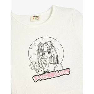 Kız Çocuk Anime Baskılı Kısa Kollu Bisiklet Yaka Pamuklu Tişört - KOTON - EKRU - 4-5 YAŞ