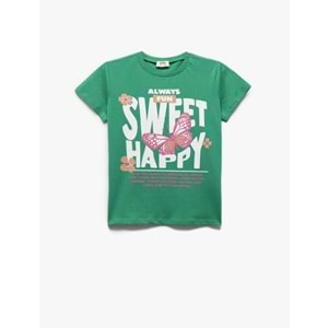 Kız Çocuk Kelebek Baskılı Bisiklet Yaka Pamuklu Kısa Kollu Tişört - KOTON - YEŞİL - 4-5 YAŞ