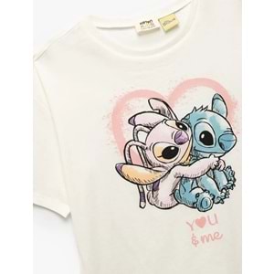 Kız Çocuk Lisanslı Kısa Kollu Bisiklet Yaka Pamuklu Stitch Tişört - KOTON - EKRU - 13-14 YAŞ