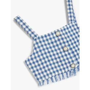 Kız Çocuk Kare Yaka Ekose Desenli Tüvit Crop Bluz 5SKG60036AW - KOTON - LACİVERT EKOSELİ - 13-14 YAŞ