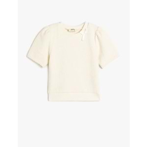 Fiyonk Detaylı Kısa Kollu Bisiklet Yaka Bluz 5SKG60075AK - KOTON - EKRU - 6-7 YAŞ