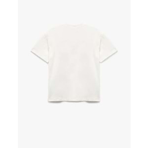 Kız Çocuk Pamuklu Fiyonk Baskılı Bisiklet Yaka Kısa Kollu Tişört - KOTON - EKRU - 5-6 YAŞ