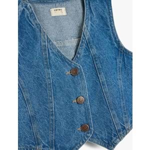 Kız Çocuk Düğme Kapamalı V Yaka Pamuklu Denim Yelek 5SKG20013AD - KOTON - KOYU İNDİGO - 7-8 YAŞ