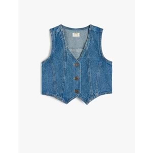 Kız Çocuk Düğme Kapamalı V Yaka Pamuklu Denim Yelek 5SKG20013AD - KOTON - KOYU İNDİGO - 7-8 YAŞ