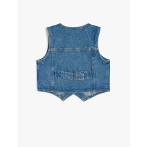 Kız Çocuk Düğme Kapamalı V Yaka Pamuklu Denim Yelek 5SKG20013AD - KOTON - KOYU İNDİGO - 7-8 YAŞ