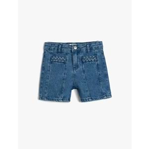Kız Çocuk Pamuklu Yüksek Belli Örgü Detaylı Denim Şort 5SKG40104AD - KOTON - İNDİGO - 11-12 YAŞ