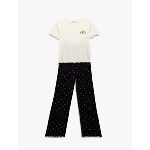 Nakış Detaylı Viskon Kısa Kollu Puantiyeli Pijama Takımı 5SLK40022MK - KOTON - EKRU - S