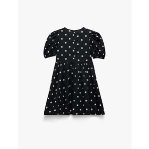 Kız Çocuk Pamuklu Balon Kollu Yuvarlak Yaka Kurdele Detaylı Puantiyeli Elbise 5SKG80068AW