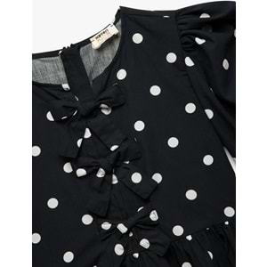 Kız Çocuk Pamuklu Balon Kollu Yuvarlak Yaka Kurdele Detaylı Puantiyeli Elbise 5SKG80068AW