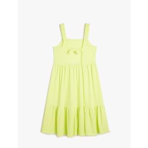 Kız Çocuk Askılı Pileli Kat Detaylı Kare Yaka Midi Boy Elbise 5SKG80012AK - KOTON - SARI - 9-10 YAŞ