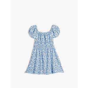 Kız Çocuk Çiçek Desenli Bisiklet Yaka Kısa Kollu Mini Elbise 5SKG80009AK - KOTON - MAVİ - 5-6 YAŞ