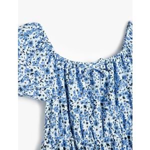 Kız Çocuk Çiçek Desenli Bisiklet Yaka Kısa Kollu Mini Elbise 5SKG80009AK - KOTON - MAVİ - 5-6 YAŞ