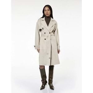 Uzun Kollu Cepli Kemerli Kruvaze Suni Süet Trençkot - 6WAK00194EW - Taş - 42