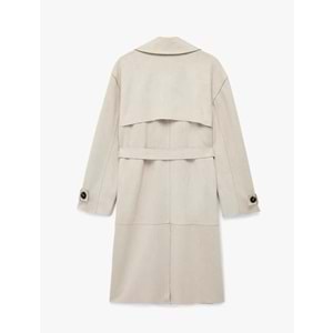 Uzun Kollu Cepli Kemerli Kruvaze Suni Süet Trençkot - 6WAK00194EW - Taş - 42