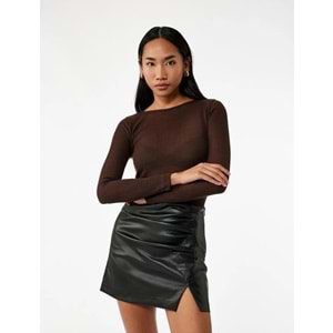 Drapeli Yırtmaçlı Suni Deri Mini Etek - 6WAK70007EW - SİYAH - 40