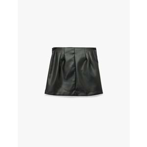 Drapeli Yırtmaçlı Suni Deri Mini Etek - 6WAK70007EW - SİYAH - 40